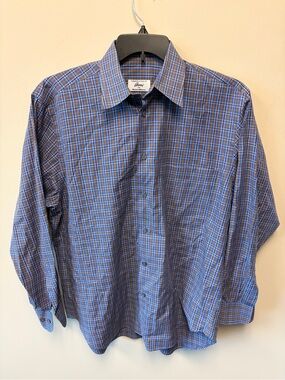 Brioni Shirt M Blue Brown Check Shirt Soft Cotton ITALY Fits Big Long Sleeve